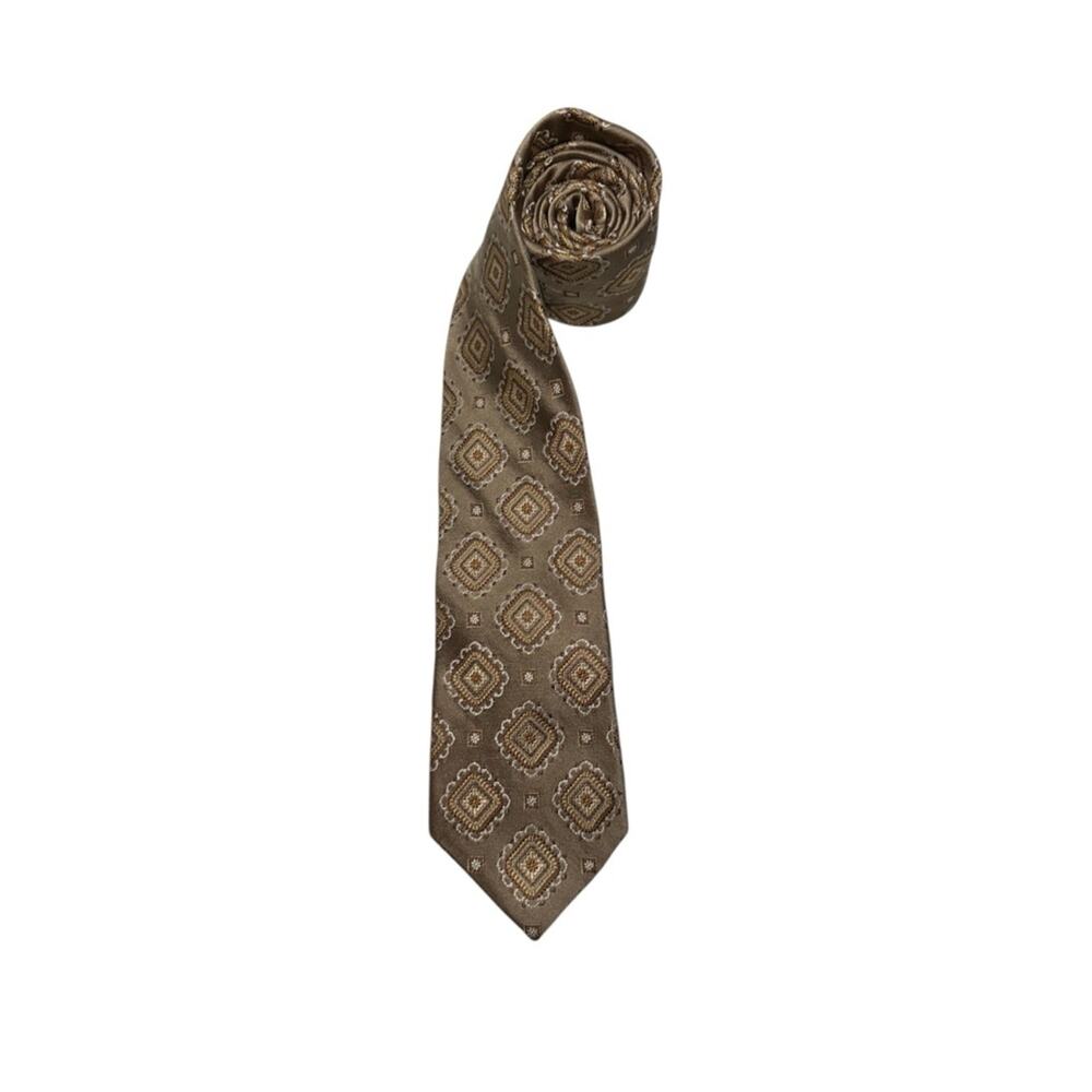 Bruno Piattelli Roma Vintage Tan Brown Textured Geo Print Silk Necktie Tie